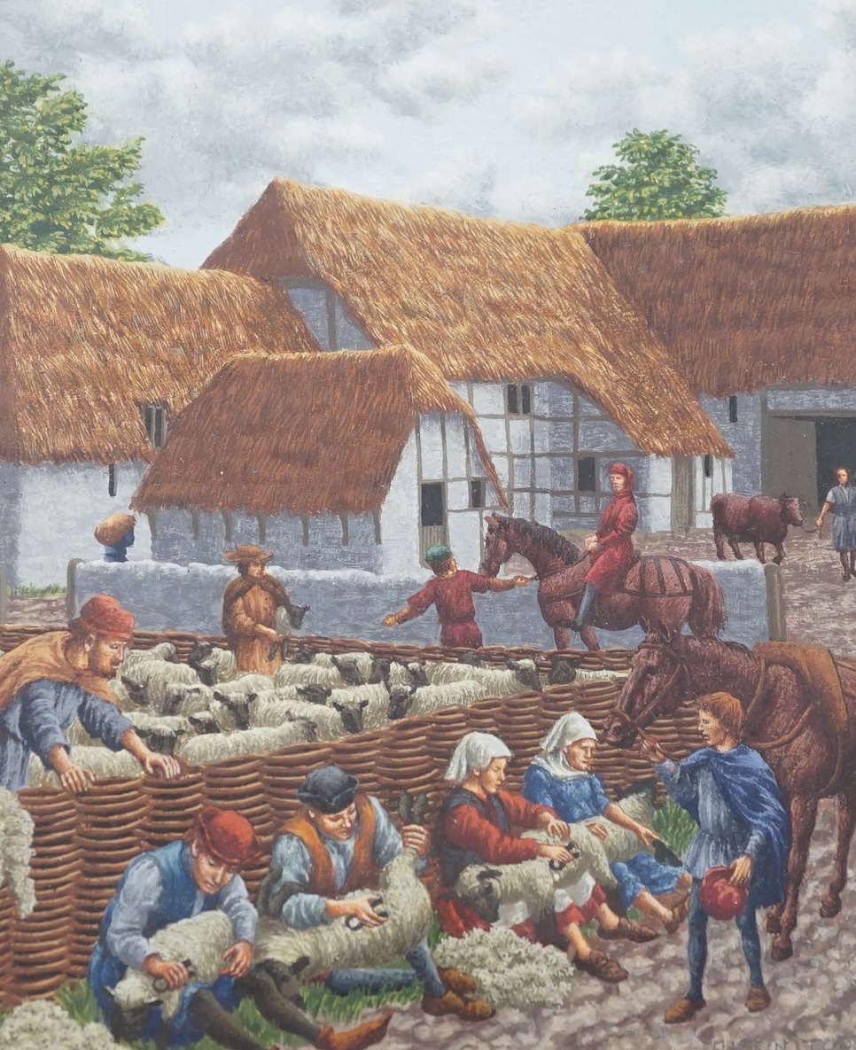 Justin Todd (Illustrator, b.1932), set of three gouaches, ‘15th century wool traders’, ‘Street ball game’ and ‘Sheep shearing’, signed, labels verso, each 16 x 13cm. Condition - good
